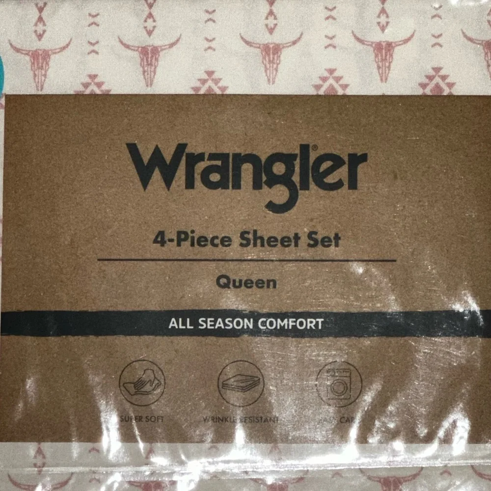 NEW Wrangler Pink/White Steer Head/Aztec 4-Piece Queen Sheet Set